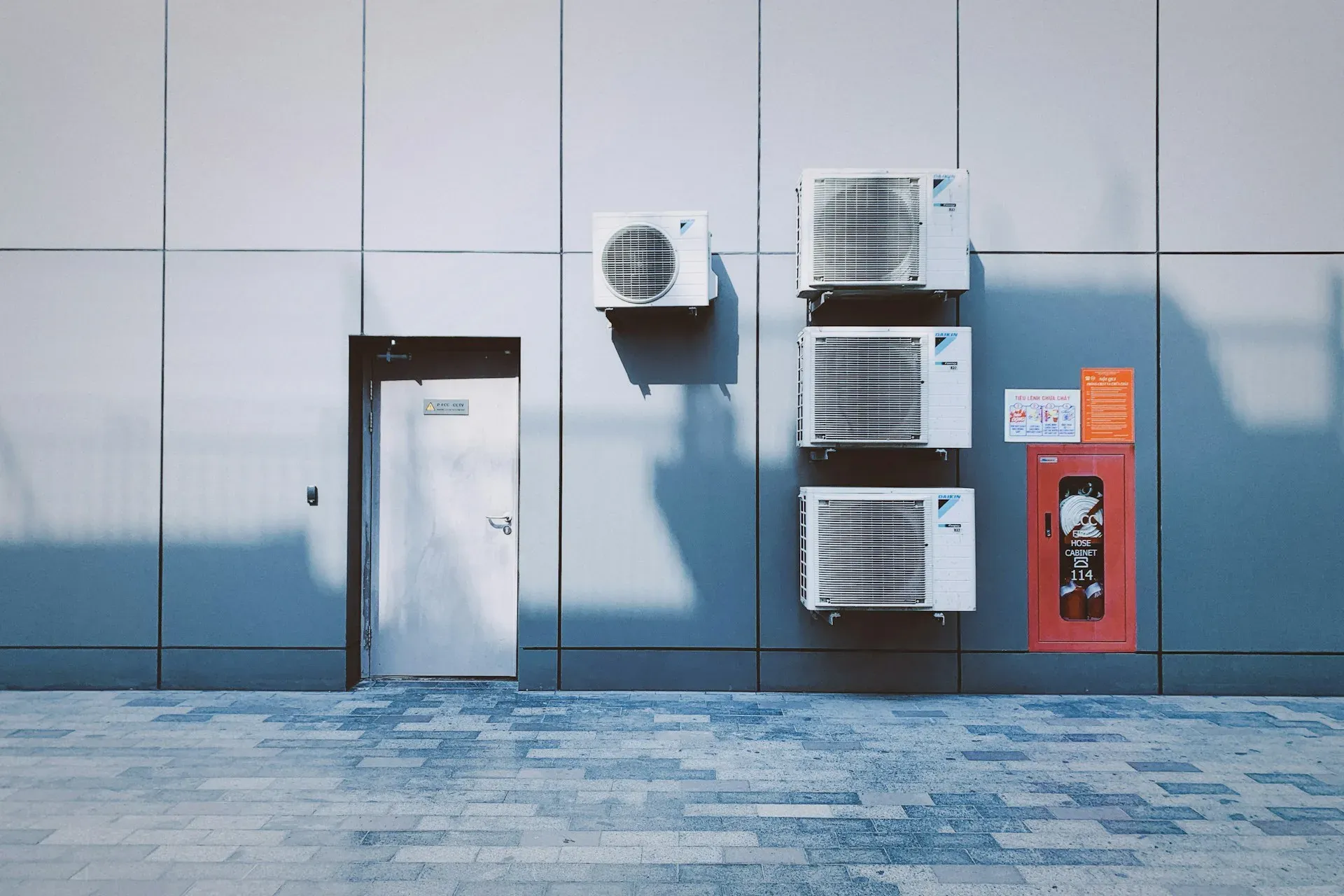 External air conditioning units and fire equipment on an industrial building