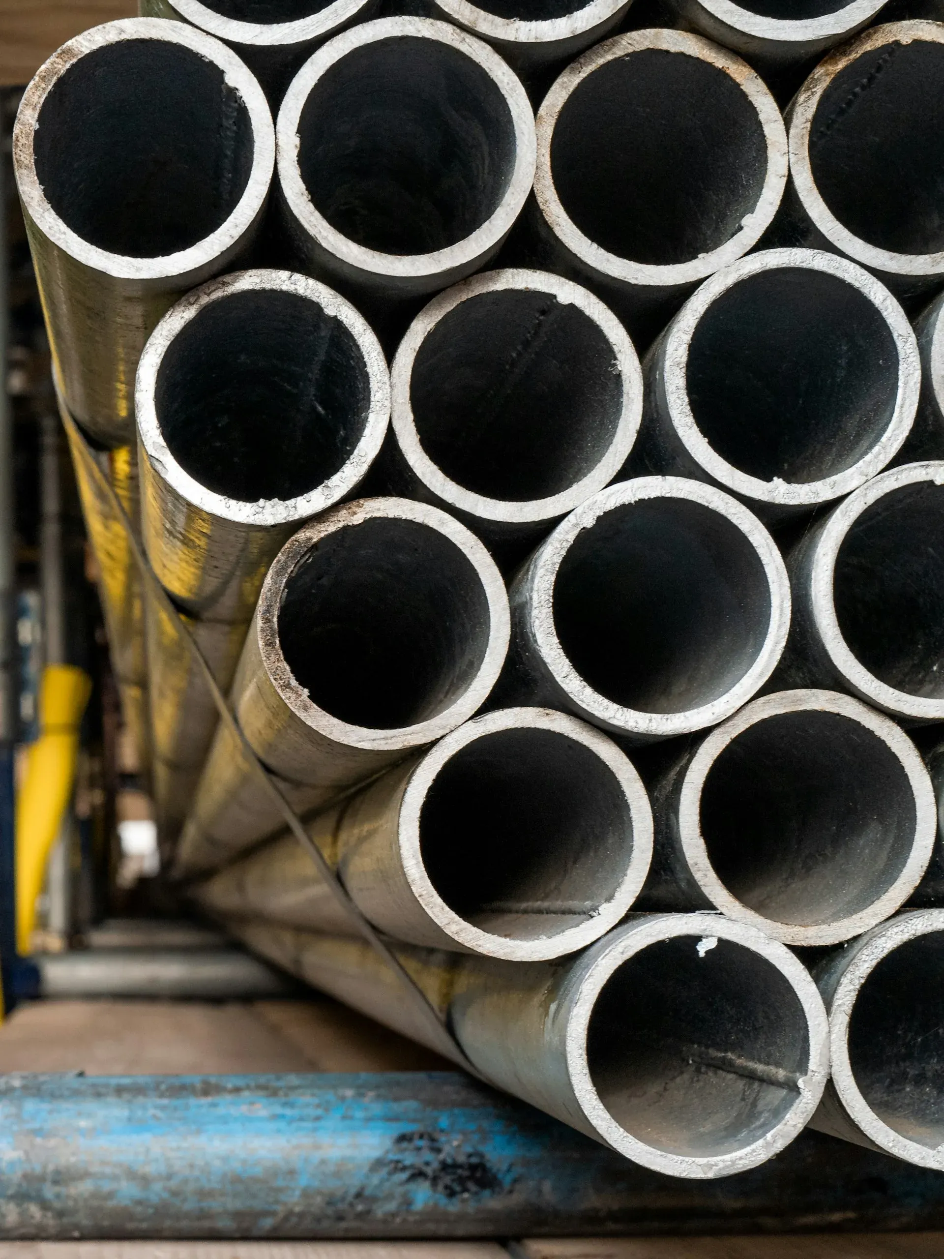 Hollow steel sections stacked for fabrication